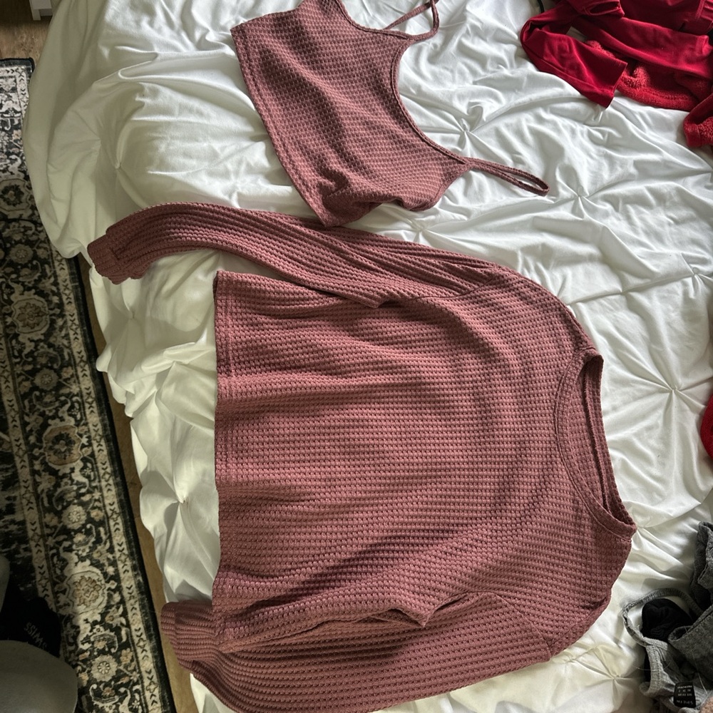 SHEIN Pink Waffle Knit Lounge Set